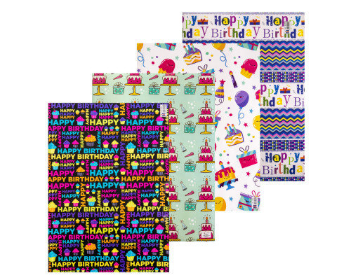 042587 Бумага подарочная "Happy Birthday" ассорти 80g, 75x51cm (50/1000)