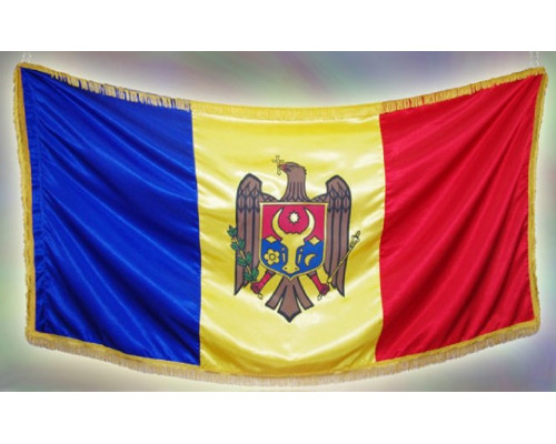 Церемониальный флаг Республики Молдова 100x200см, с короткой бахромой, 160гр/м2, атлас