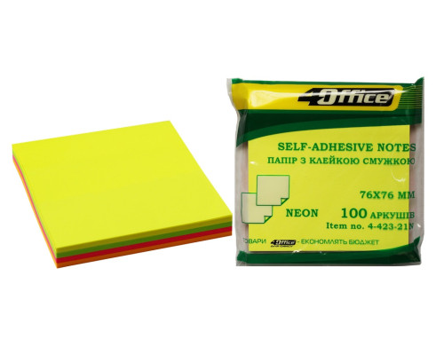 Блок бумаги с клейким слоем, 76х76 мм, 4 цв.Неон по 25 листов 4-423-21N 4Office (12/288)