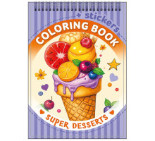Раскраска A6, 12 л, с наклейками, на спирали "Super desserts" 24208 (20)