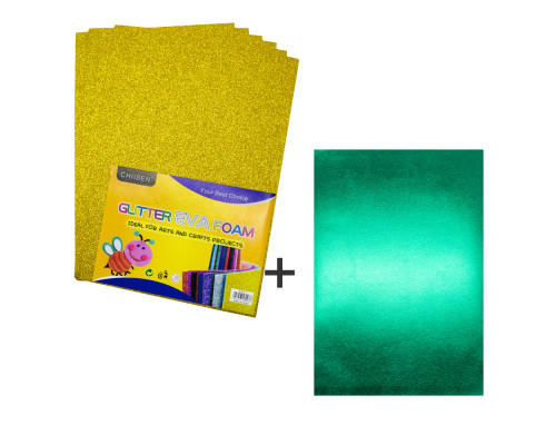 Фоамиран с глиттером, 20*30см, 1,5mm. золотой, 10л.+1подарок
