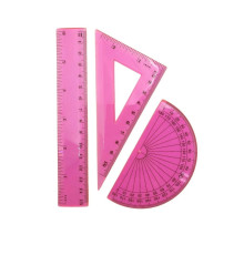 Set: rigla 15cm+ echer 11cm + raportor din plastic roz, 9-601-12, БАРВ (24)