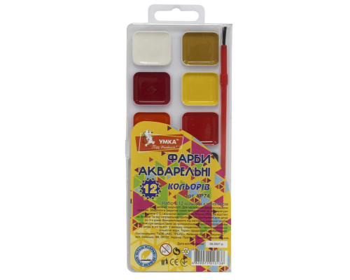 Краски акварельные с кисточкой, 12 цв., КР74, УМКА (24/96)