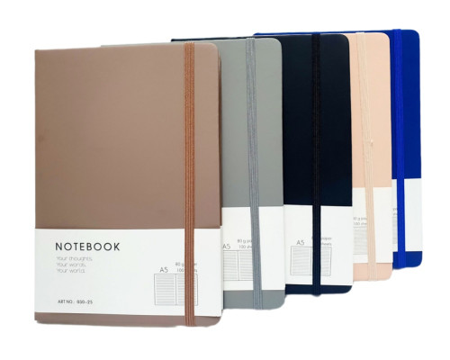 Блокнот A5 100 л. клетка, твердая обложка с резинкой, 5 цветов, 030-25 (120)