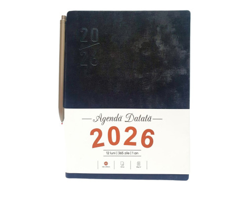 Agenda A5 datata 2026, Velura, negru, coperta integrala+ pix *6146 (88)