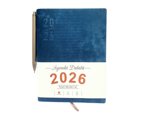 Agenda A5 datata 2026, Velura, albastru, coperta integrala+ pix *6153 (88)