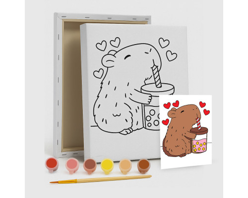 Set de pictat pe pânză pentru copii 20x25 "Capibara cu suc" +6vopsee +pensula 7002 Set de pictat pe pânză pentru copii 20x25 "Capibara cu suc" +6vopsee +pensula 7002