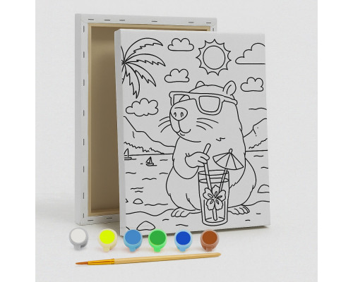 Set de pictat pe pânză pentru copii 20x25 "Capibara pe plajă" +6vopsee +pensula 7003