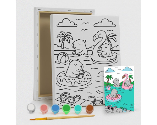 Set de pictat pe pânză pentru copii 20x25 "Capibara in piscină" +6vopsee +pensula 7004 Set de pictat pe pânză pentru copii 20x25 "Capibara in piscină" +6vopsee +pensula 7004
