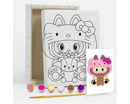 Набор детский для рисования на холсте 20*25 "Лабубу-Kitty" +6 красок +кисточка 7010