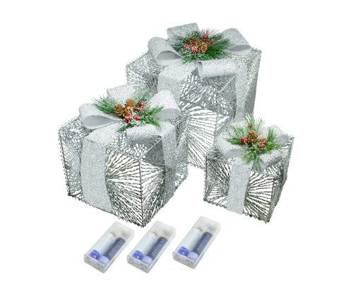 Set 3 cutii decorative cu iluminare LED, argintii *4617 (8)