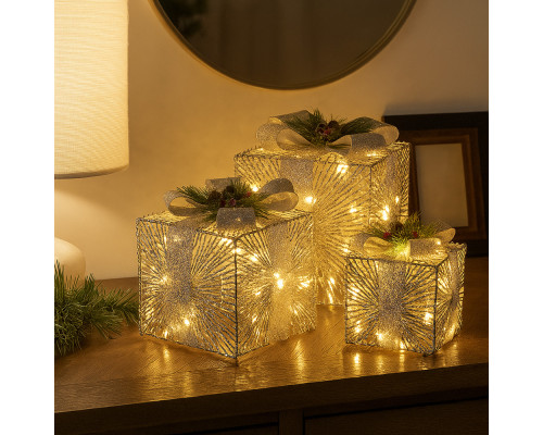 Набор из 3 декоративных коробок, с LED подсветкой, серебро *4617 (8)