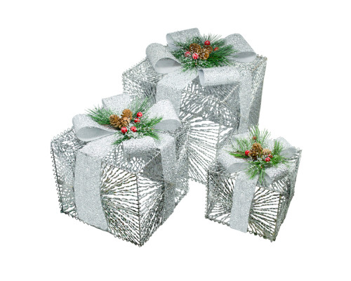 Set 3 cutii decorative cu iluminare LED, argintii *4617 (8)