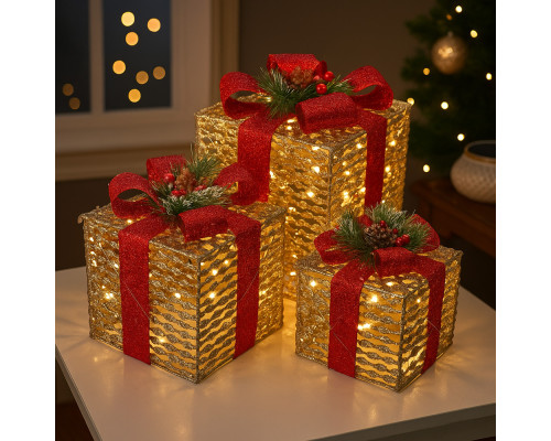 Set 3 cutii decorative cu iluminare LED, auriu *4624 (8)