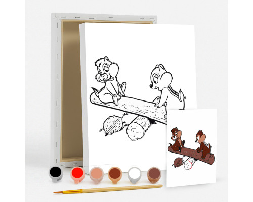 Set de pictat pe panza pentru copii 20x25 "Chip si Dale pe un bustean" 6 culori si pensula7038