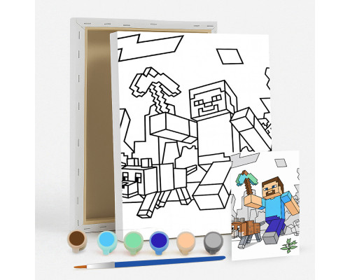 Набор детский для рисования на холсте 20*25 "Minecraft Steve" +6 красок +кисточка 7042