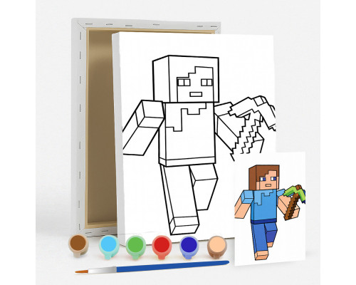 Набор детский для рисования на холсте 20*25 "Minecraft Steve" +6 красок +кисточка 7043