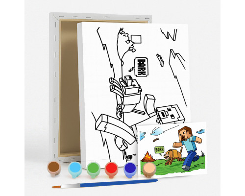 Набор детский для рисования на холсте 20*25 "Minecraft Steve BARK" +6 красок +кисточка 7044