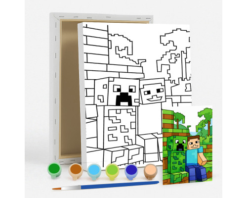 Набор детский для рисования на холсте 20*25 "Minecraft StevesiCreeper"+6красок+кисточка 7045