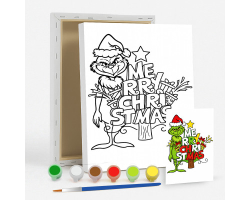 Набор детский для рисования на холсте 20*25 "Гринч Merry Christmas" +6красок +кисточка 7048