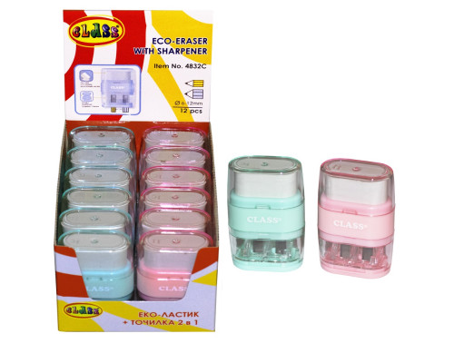 Ascuțitoare cu container, 2 găuri (8/11 mm) + radieră, asorti, 4832C CLASS (12/288)