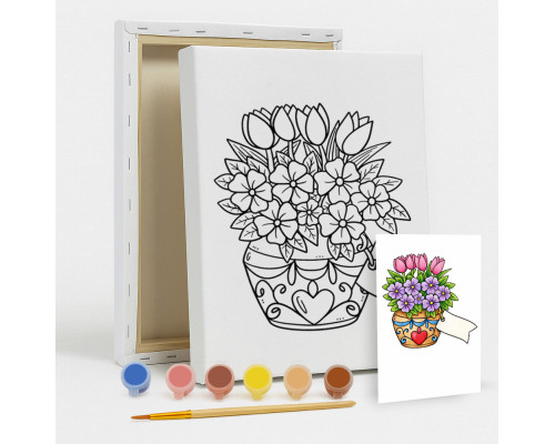 Набор детский для рисования на холсте 20*25 "Букет для мамы" +6красок +кисточка 7051