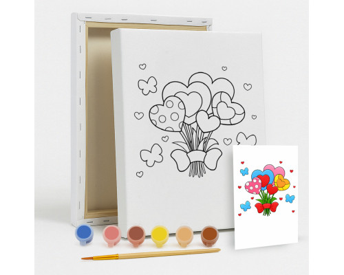 Набор детский для рисования на холсте 20*25 "Сердечный букет" +6красок +кисточка 7054