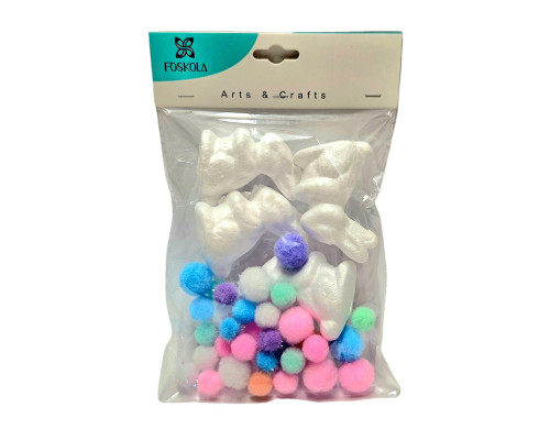 Decoratiune de Pasti "Iepurasii" 7cm, 4 buc, polisrerol si pompoane S18-15 (12/240)