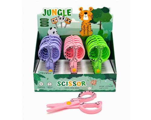 Foarfeca de siguranta integral din plastic copii, 12 cm, colectia Jungle, culori asortate (display box) 133A (24/720)