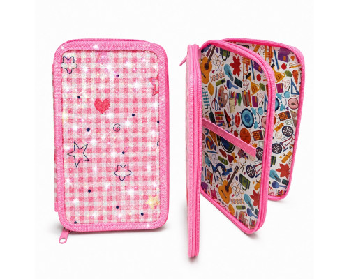 Penar rigid 2 compartimente, Pink Check, cu sclipici, 12,5*19,5*4