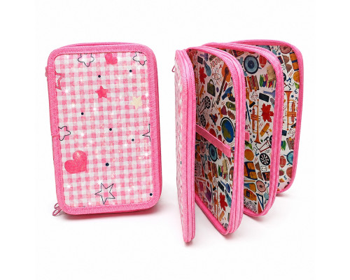 Penar rigid 3 compartimente, Pink Check, cu sclipici, 12,5*19,5*5