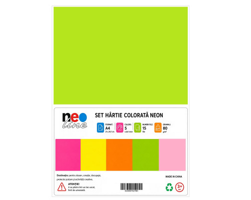Set hartie colorata neon A4, 5 culori, 15 file, 80 g/m² NEO-Line (50)