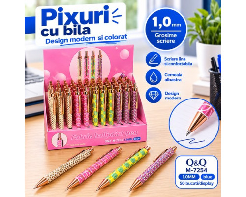 Pix cu bila automat, 1.0mm, albastru, culori asortate, M-7254 (48/1728)