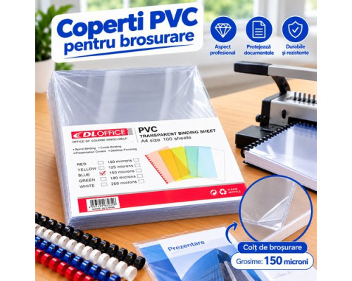 Coperti PVC transparente pentru brosurare, A4, 150 microni, 100 bucati