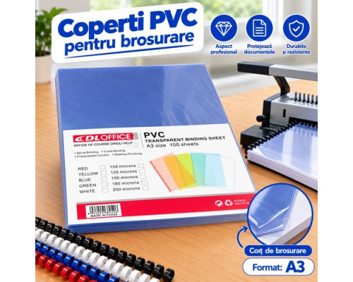 Coperti PVC transparente pentru brosurare, A3, 200 microni, 100 bucati