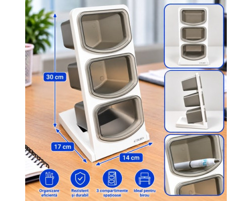Stativ de birou cu 3 compartimente, alb-gri, 30x14x17 cm