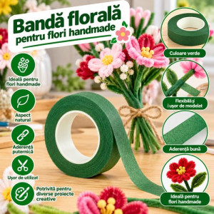 Banda florala verde pentru flori handmade 12mm, verde 22m