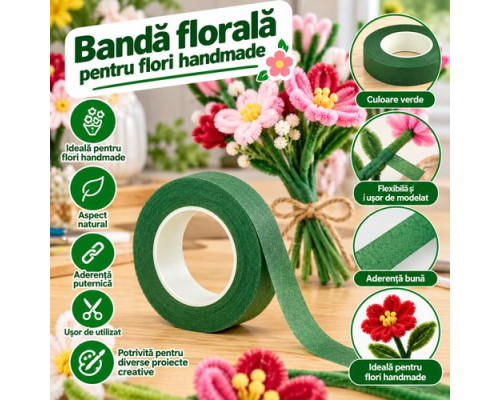 Banda florala verde pentru flori handmade 12mm, verde 22m