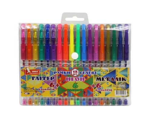 Набор ручек гелевых, 6+6+6цв., Glitter+Neon+Metallic, PVC, ГР53, УМКА (12/48)